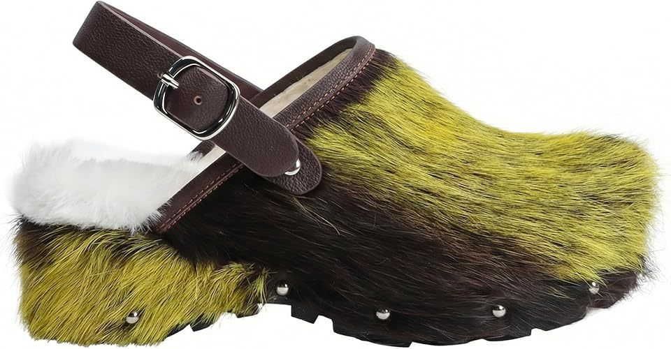 XOBZJH Women's Luxury Natural Cowhide Hair Platform Clogs – Western Retro Slip-On Mules with Zipper and Adjustable Buckle Strap – Handmade Rustic Cow Bone Back Hair Shoes with Arch Support