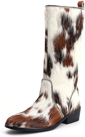 Women’s Genuine Cowhide Hair-On Knee-High Western Boots, Sheepskin-Lined Tall Cowgirl Boots with Decorative Zipper, Comfort Leather Sole Riding Style Boots
