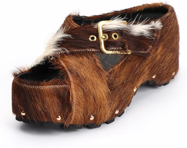 Long-Hair Calfskin Chunky Clog Slide for Women - Memory Foam Luxury Slip on Shoes Women's Mules & Platform Clogs