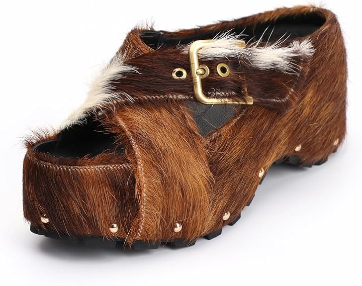 Long-Hair Calfskin Chunky Clog Slide for Women - Memory Foam Luxury Slip on Shoes Women's Mules & Platform Clogs