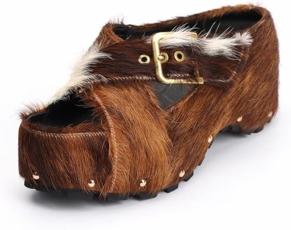 Long-Hair Calfskin Chunky Clog Slide for Women - Memory Foam Luxury Slip on Shoes Women's Mules & Platform Clogs