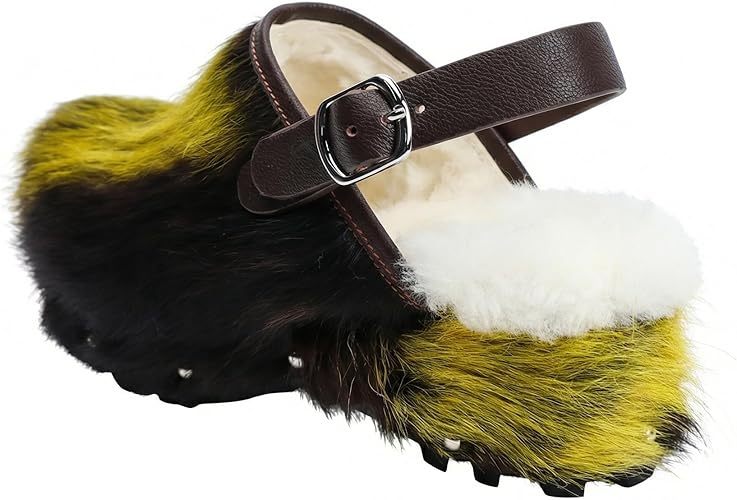 XOBZJH Women's Luxury Natural Cowhide Hair Platform Clogs – Western Retro Slip-On Mules with Zipper and Adjustable Buckle Strap – Handmade Rustic Cow Bone Back Hair Shoes with Arch Support