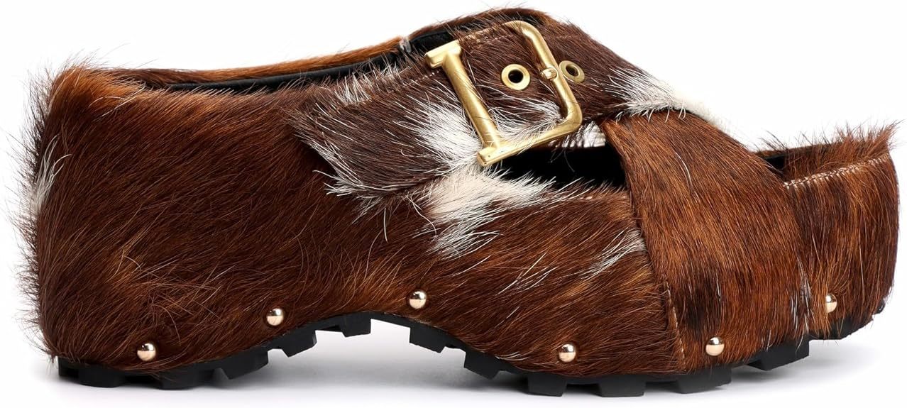 Long-Hair Calfskin Chunky Clog Slide for Women - Memory Foam Luxury Slip on Shoes Women's Mules & Platform Clogs