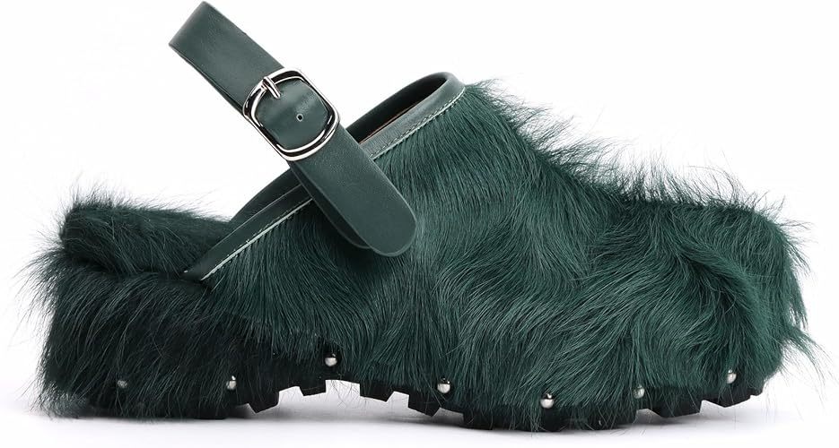 XOBZJH Women's Luxury Natural Cowhide Hair Platform Clogs – Western Retro Slip-On Mules with Zipper and Adjustable Buckle Strap – Handmade Rustic Cow Bone Back Hair Shoes with Arch Support