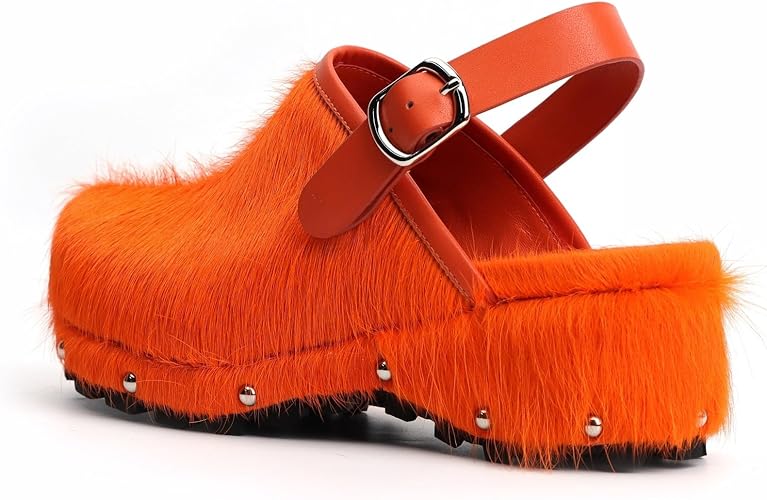 XOBZJH Women's Luxury Natural Cowhide Hair Platform Clogs – Western Retro Slip-On Mules with Zipper and Adjustable Buckle Strap – Handmade Rustic Cow Bone Back Hair Shoes with Arch Support