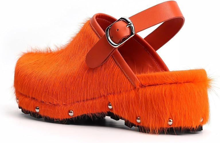 XOBZJH Women's Luxury Natural Cowhide Hair Platform Clogs – Western Retro Slip-On Mules with Zipper and Adjustable Buckle Strap – Handmade Rustic Cow Bone Back Hair Shoes with Arch Support