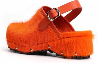 XOBZJH Women's Luxury Natural Cowhide Hair Platform Clogs – Western Retro Slip-On Mules with Zipper and Adjustable Buckle Strap – Handmade Rustic Cow Bone Back Hair Shoes with Arch Support