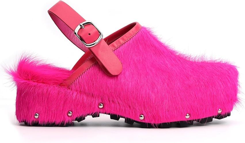 XOBZJH Women's Luxury Natural Cowhide Hair Platform Clogs – Western Retro Slip-On Mules with Zipper and Adjustable Buckle Strap – Handmade Rustic Cow Bone Back Hair Shoes with Arch Support