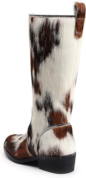 Women’s Genuine Cowhide Hair-On Knee-High Western Boots, Sheepskin-Lined Tall Cowgirl Boots with Decorative Zipper, Comfort Leather Sole Riding Style Boots