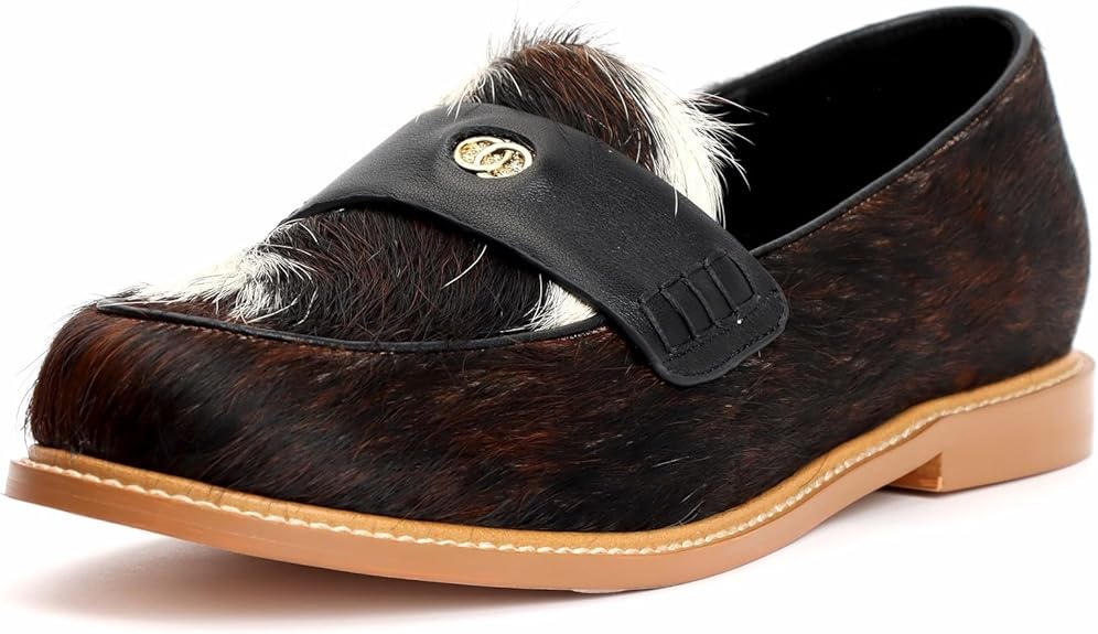 Vintage Penny Loafers for Women Handmade Natural Calf Hair Flats with Arch Support,Comfortable Designer Work Walking Shoes