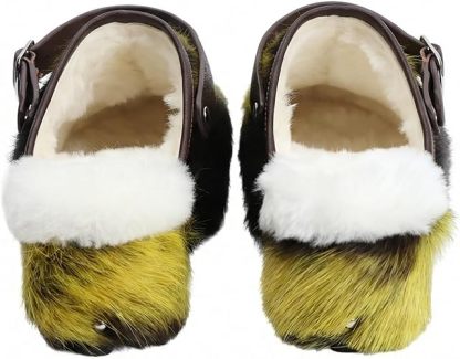 XOBZJH Women's Luxury Natural Cowhide Hair Platform Clogs – Western Retro Slip-On Mules with Zipper and Adjustable Buckle Strap – Handmade Rustic Cow Bone Back Hair Shoes with Arch Support