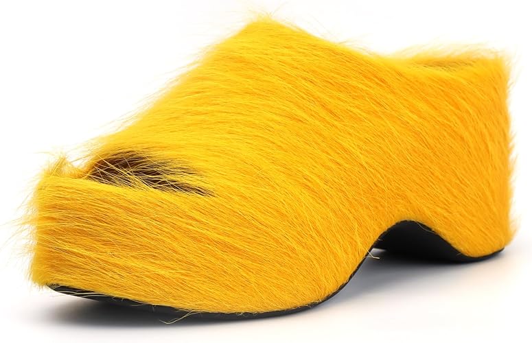 Long-Hair Calfskin Chunky Clog Slide for Women - Memory Foam Luxury Slip on Shoes Women's Mules & Platform Clogs