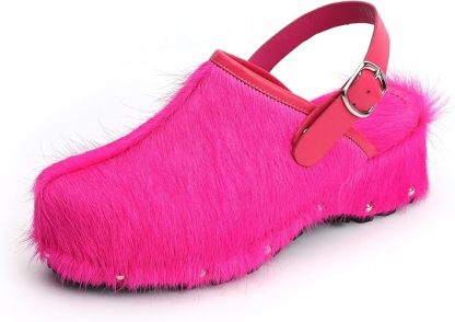 XOBZJH Women's Luxury Natural Cowhide Hair Platform Clogs – Western Retro Slip-On Mules with Zipper and Adjustable Buckle Strap – Handmade Rustic Cow Bone Back Hair Shoes with Arch Support