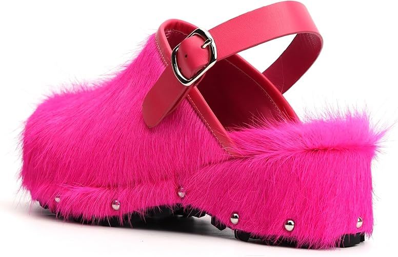 XOBZJH Women's Luxury Natural Cowhide Hair Platform Clogs – Western Retro Slip-On Mules with Zipper and Adjustable Buckle Strap – Handmade Rustic Cow Bone Back Hair Shoes with Arch Support