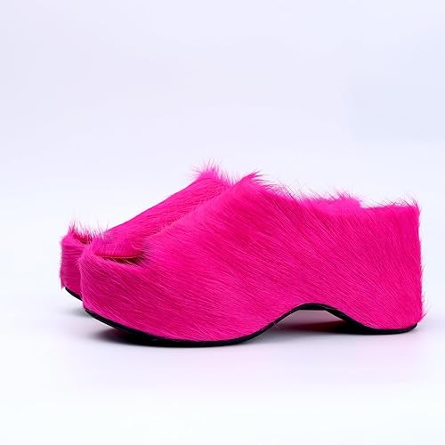 Long-Hair Calfskin Chunky Clog Slide for Women - Memory Foam Luxury Slip on Shoes Women's Mules & Platform Clogs