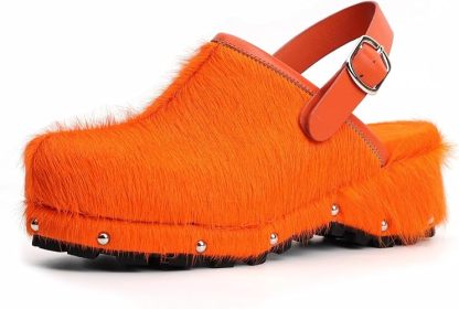 XOBZJH Women's Luxury Natural Cowhide Hair Platform Clogs – Western Retro Slip-On Mules with Zipper and Adjustable Buckle Strap – Handmade Rustic Cow Bone Back Hair Shoes with Arch Support