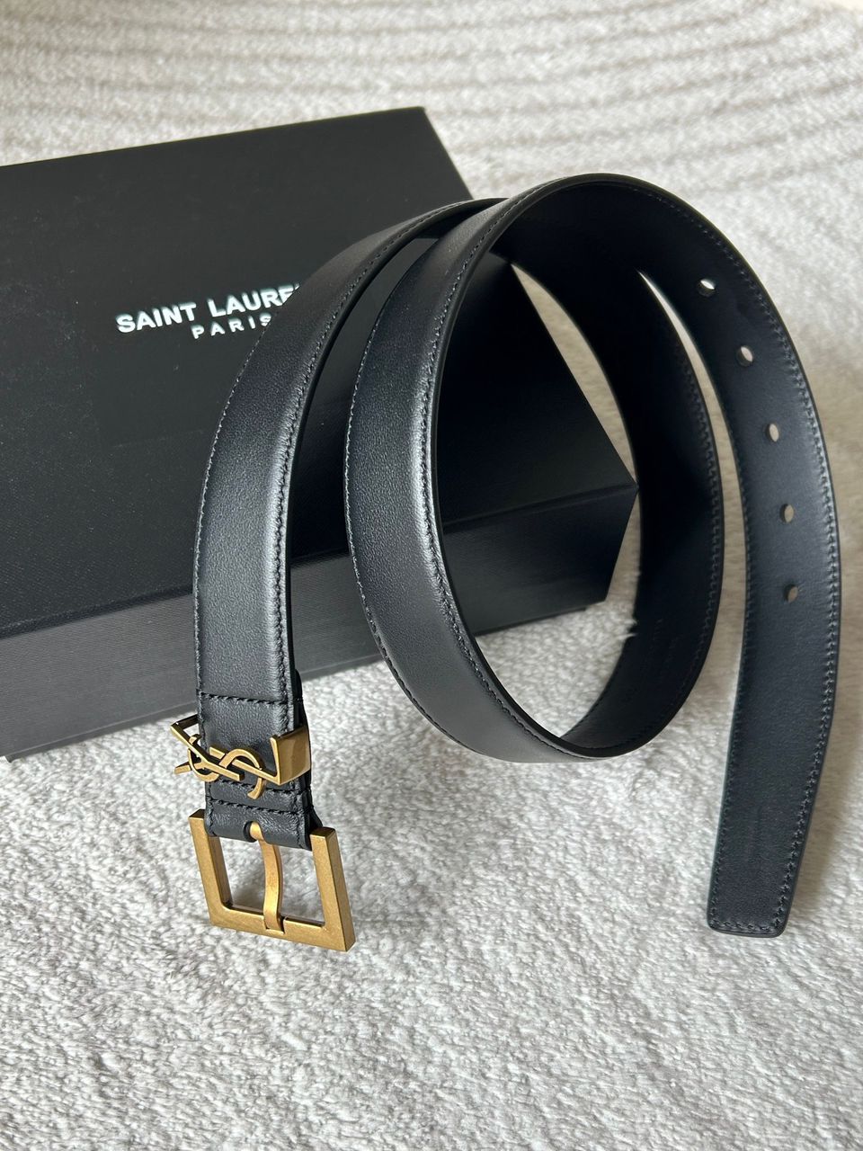 YSL Yves Saint Laurent Monogram Leather Belt in Black/Gold
