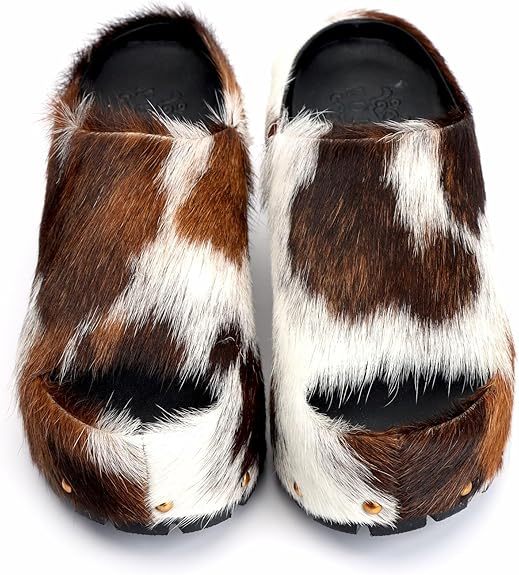 Long-Hair Calfskin Chunky Clog Slide for Women - Memory Foam Luxury Slip on Shoes Women's Mules & Platform Clogs