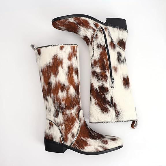 Women’s Genuine Cowhide Hair-On Knee-High Western Boots, Sheepskin-Lined Tall Cowgirl Boots with Decorative Zipper, Comfort Leather Sole Riding Style Boots