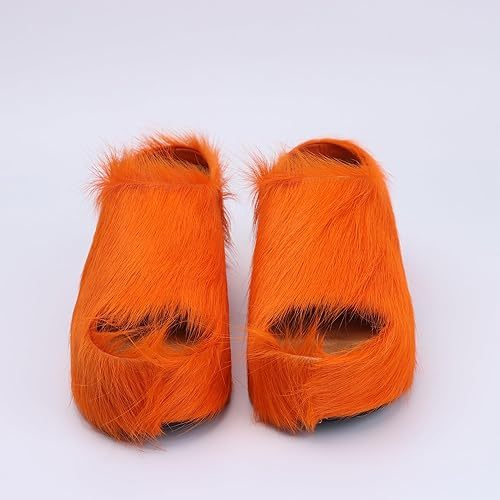 Long-Hair Calfskin Chunky Clog Slide for Women - Memory Foam Luxury Slip on Shoes Women's Mules & Platform Clogs