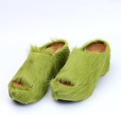 Long-Hair Calfskin Chunky Clog Slide for Women - Memory Foam Luxury Slip on Shoes Women's Mules & Platform Clogs