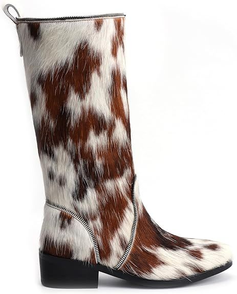 Women’s Genuine Cowhide Hair-On Knee-High Western Boots, Sheepskin-Lined Tall Cowgirl Boots with Decorative Zipper, Comfort Leather Sole Riding Style Boots