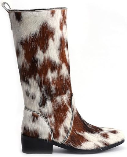Women’s Genuine Cowhide Hair-On Knee-High Western Boots, Sheepskin-Lined Tall Cowgirl Boots with Decorative Zipper, Comfort Leather Sole Riding Style Boots