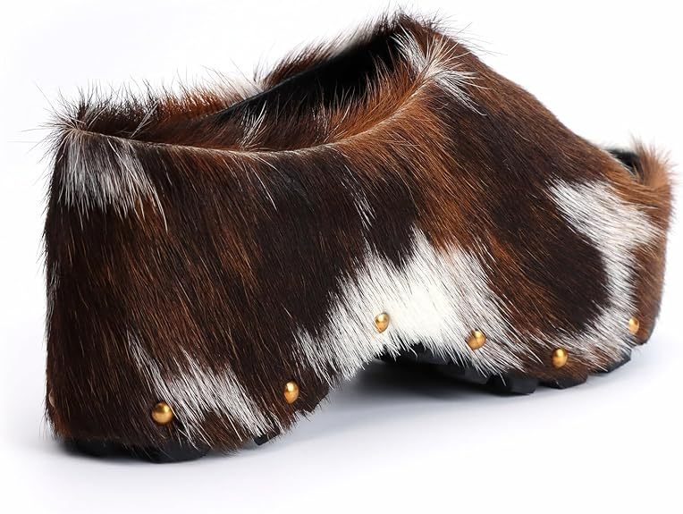 Long-Hair Calfskin Chunky Clog Slide for Women - Memory Foam Luxury Slip on Shoes Women's Mules & Platform Clogs