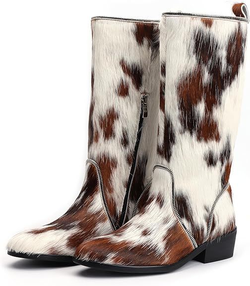 Women’s Genuine Cowhide Hair-On Knee-High Western Boots, Sheepskin-Lined Tall Cowgirl Boots with Decorative Zipper, Comfort Leather Sole Riding Style Boots