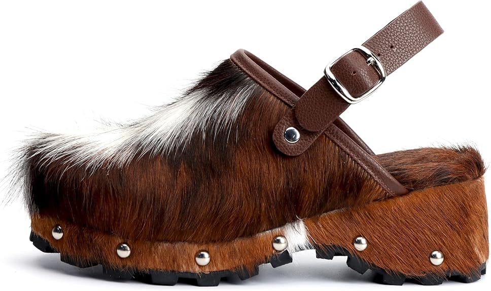 XOBZJH Women's Luxury Natural Cowhide Hair Platform Clogs – Western Retro Slip-On Mules with Zipper and Adjustable Buckle Strap – Handmade Rustic Cow Bone Back Hair Shoes with Arch Support