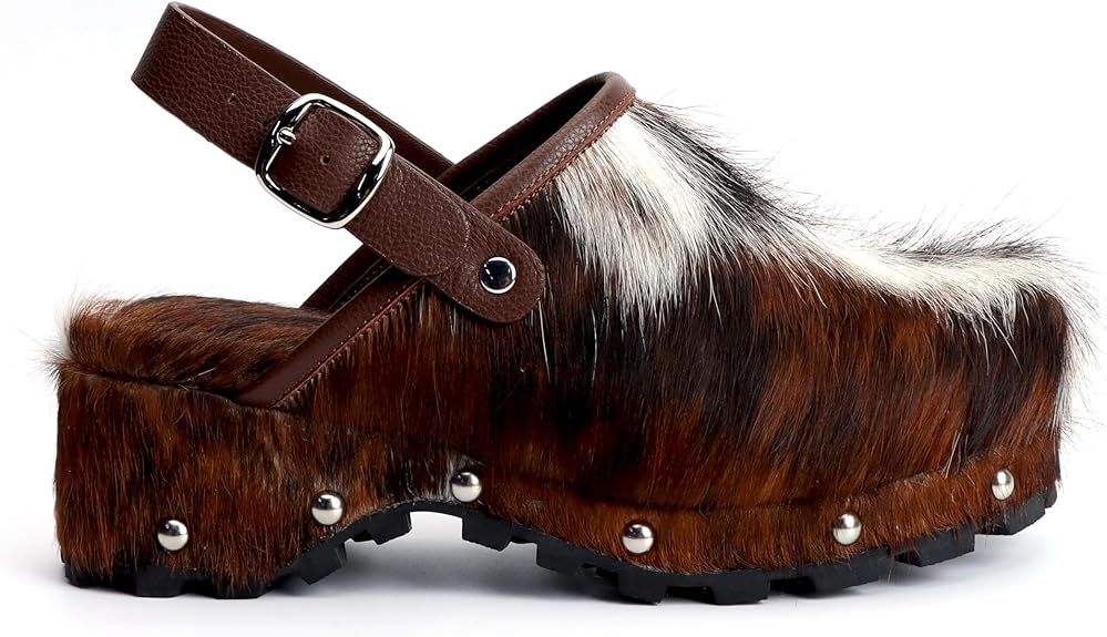 XOBZJH Women's Luxury Natural Cowhide Hair Platform Clogs – Western Retro Slip-On Mules with Zipper and Adjustable Buckle Strap – Handmade Rustic Cow Bone Back Hair Shoes with Arch Support