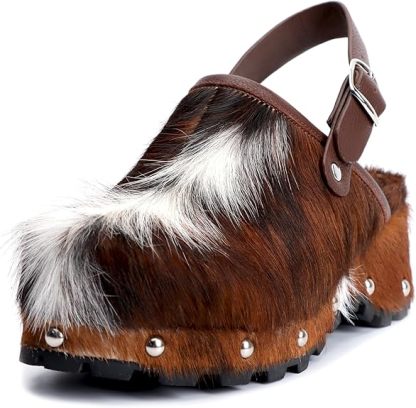 XOBZJH Women's Luxury Natural Cowhide Hair Platform Clogs – Western Retro Slip-On Mules with Zipper and Adjustable Buckle Strap – Handmade Rustic Cow Bone Back Hair Shoes with Arch Support