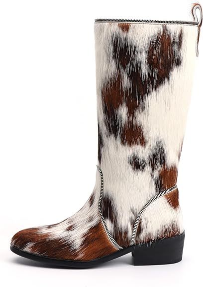 Women’s Genuine Cowhide Hair-On Knee-High Western Boots, Sheepskin-Lined Tall Cowgirl Boots with Decorative Zipper, Comfort Leather Sole Riding Style Boots