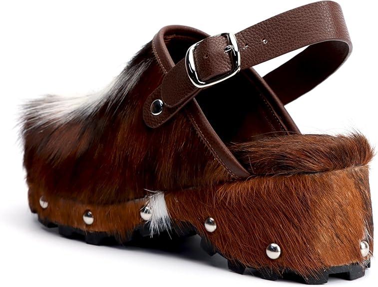 XOBZJH Women's Luxury Natural Cowhide Hair Platform Clogs – Western Retro Slip-On Mules with Zipper and Adjustable Buckle Strap – Handmade Rustic Cow Bone Back Hair Shoes with Arch Support