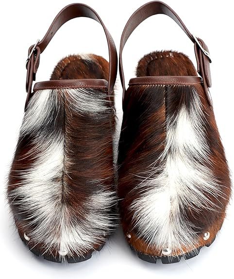 XOBZJH Women's Luxury Natural Cowhide Hair Platform Clogs – Western Retro Slip-On Mules with Zipper and Adjustable Buckle Strap – Handmade Rustic Cow Bone Back Hair Shoes with Arch Support