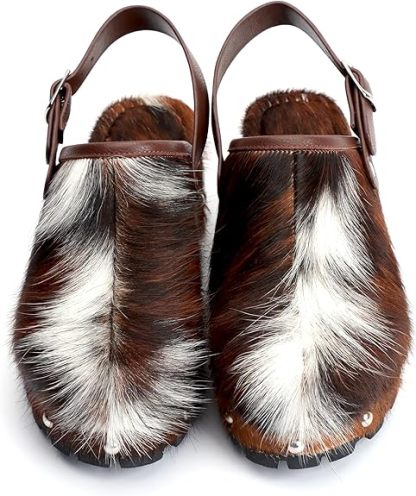 XOBZJH Women's Luxury Natural Cowhide Hair Platform Clogs – Western Retro Slip-On Mules with Zipper and Adjustable Buckle Strap – Handmade Rustic Cow Bone Back Hair Shoes with Arch Support