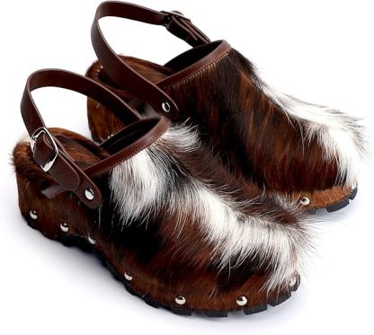 XOBZJH Women's Luxury Natural Cowhide Hair Platform Clogs – Western Retro Slip-On Mules with Zipper and Adjustable Buckle Strap – Handmade Rustic Cow Bone Back Hair Shoes with Arch Support
