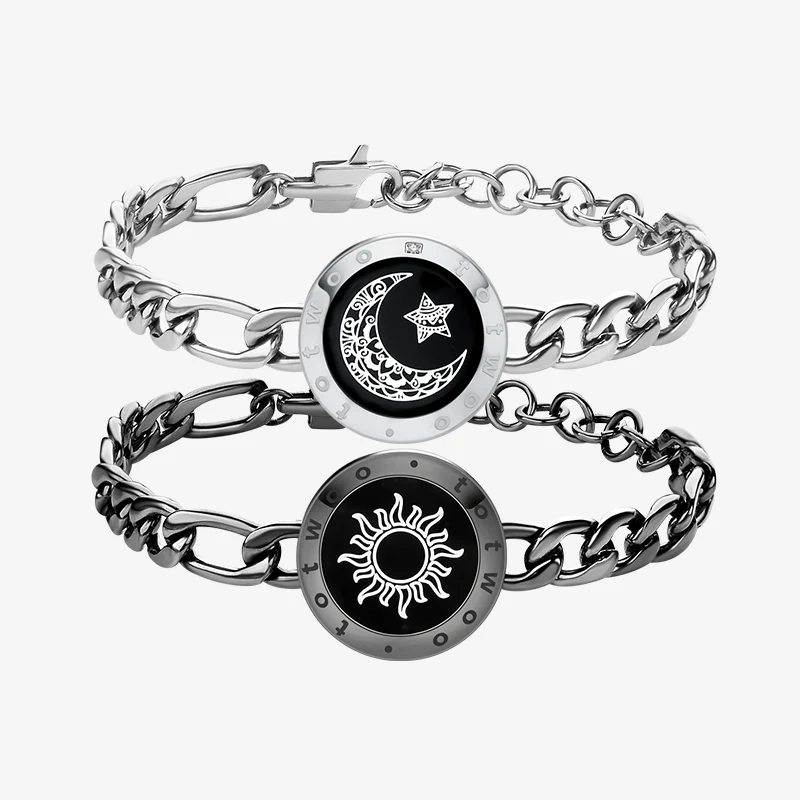❤️Sun & Moon Touch Bracelets with Figaro Chain【Black+Silver】👫🎁