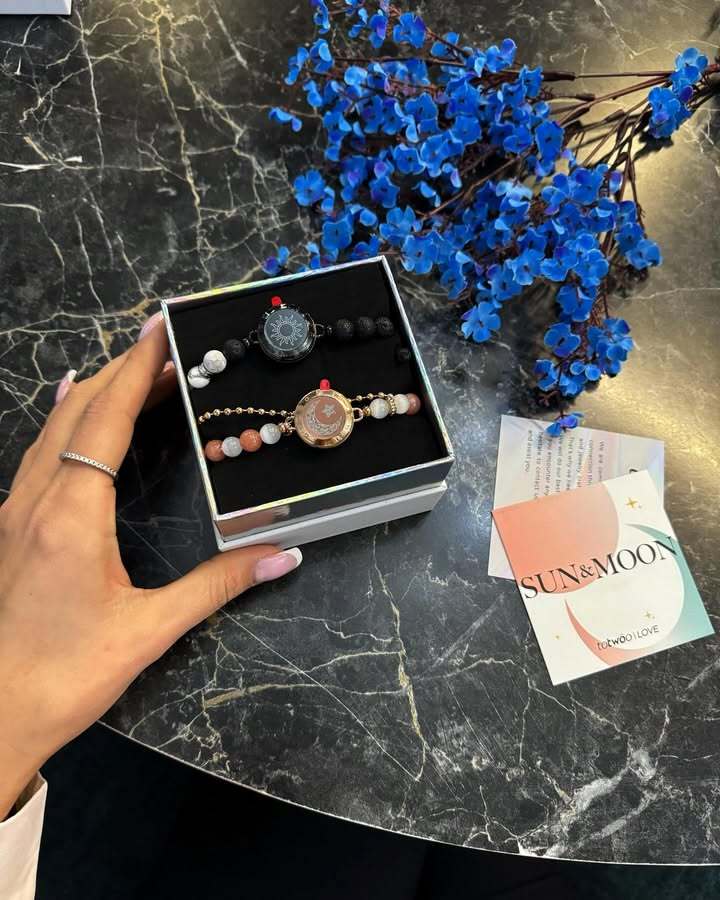 Sun & Moon Touch Bracelets with Phantasmal Beads – Black + Rose Gold Couple Gift