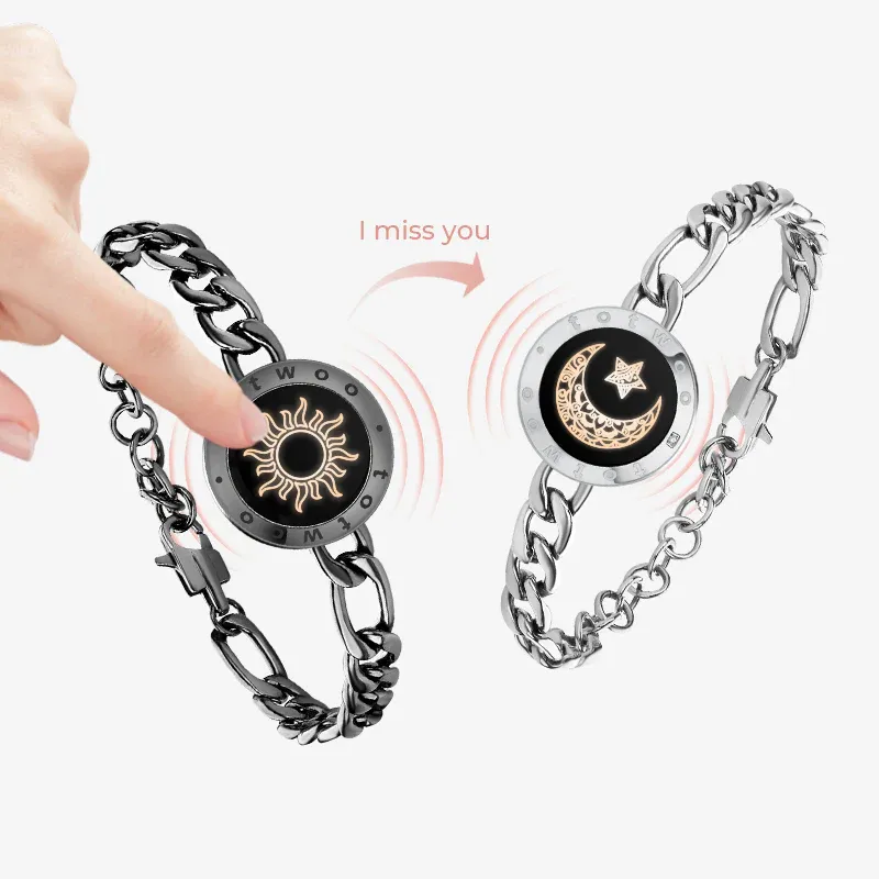❤️Sun & Moon Touch Bracelets with Figaro Chain【Black+Silver】👫🎁