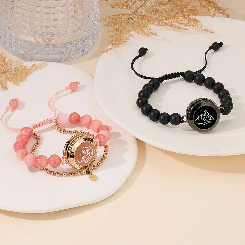 ❤️Mountain & Sea Touch Bracelets with Beaded Black Agate and Pink Persian Jade 👫🎁