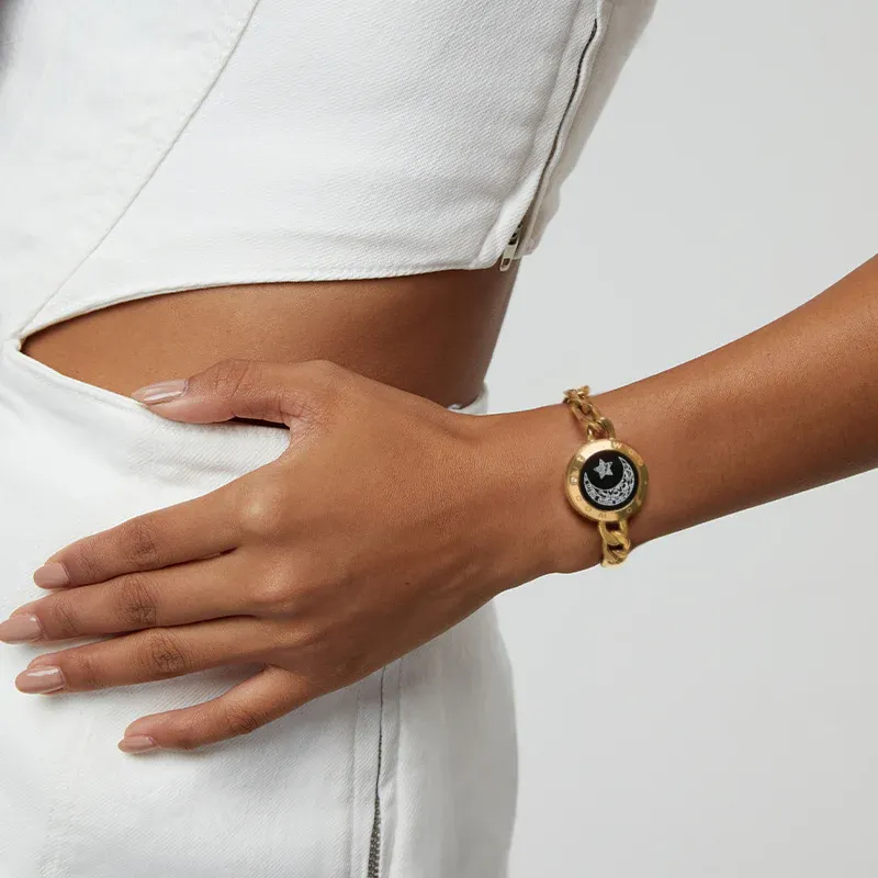 ❤️Sun & Moon Touch Bracelets with Figaro Chain【Black+Gold】👫🎁