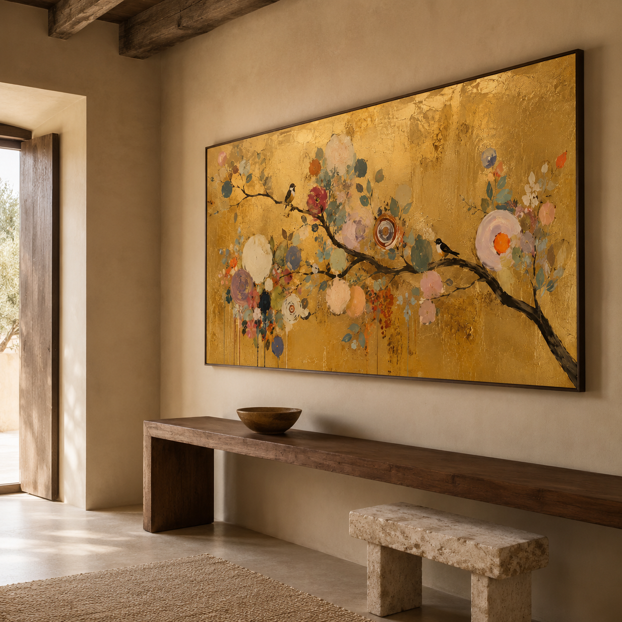 Large Golden Floral Bird Oil Painting for Luxury Wall Decor
