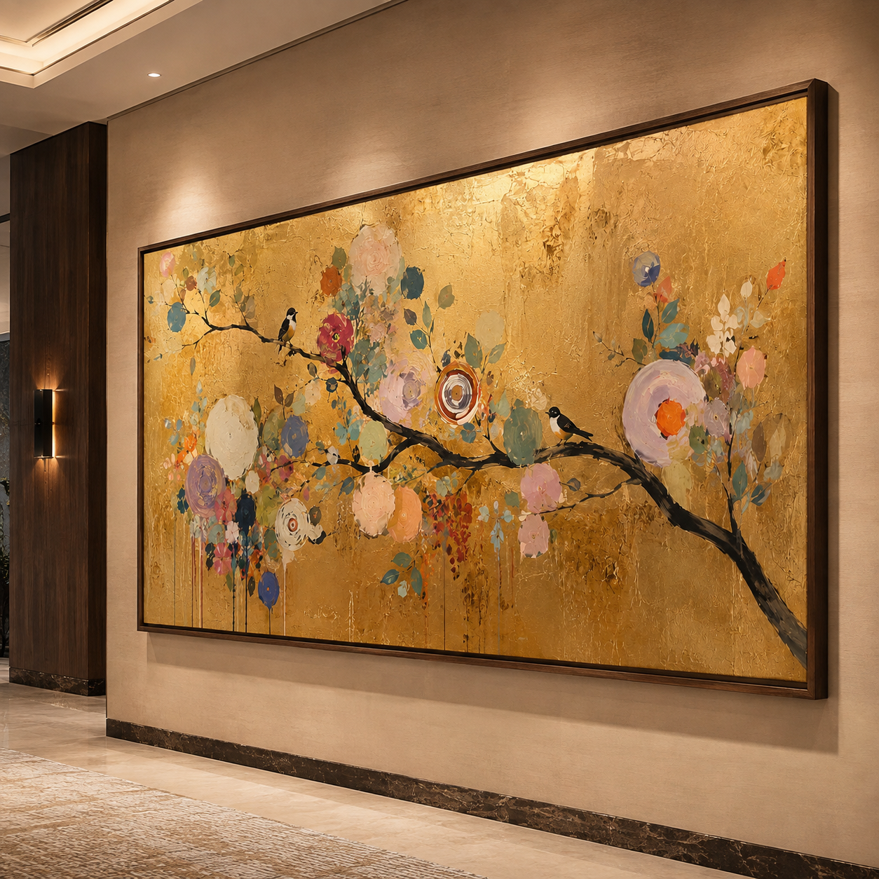 Large Golden Floral Bird Oil Painting for Luxury Wall Decor