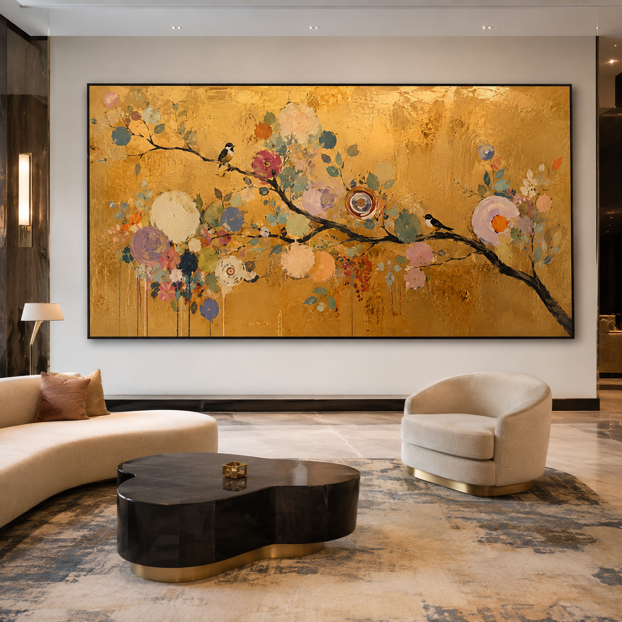 Large Golden Floral Bird Oil Painting for Luxury Wall Decor