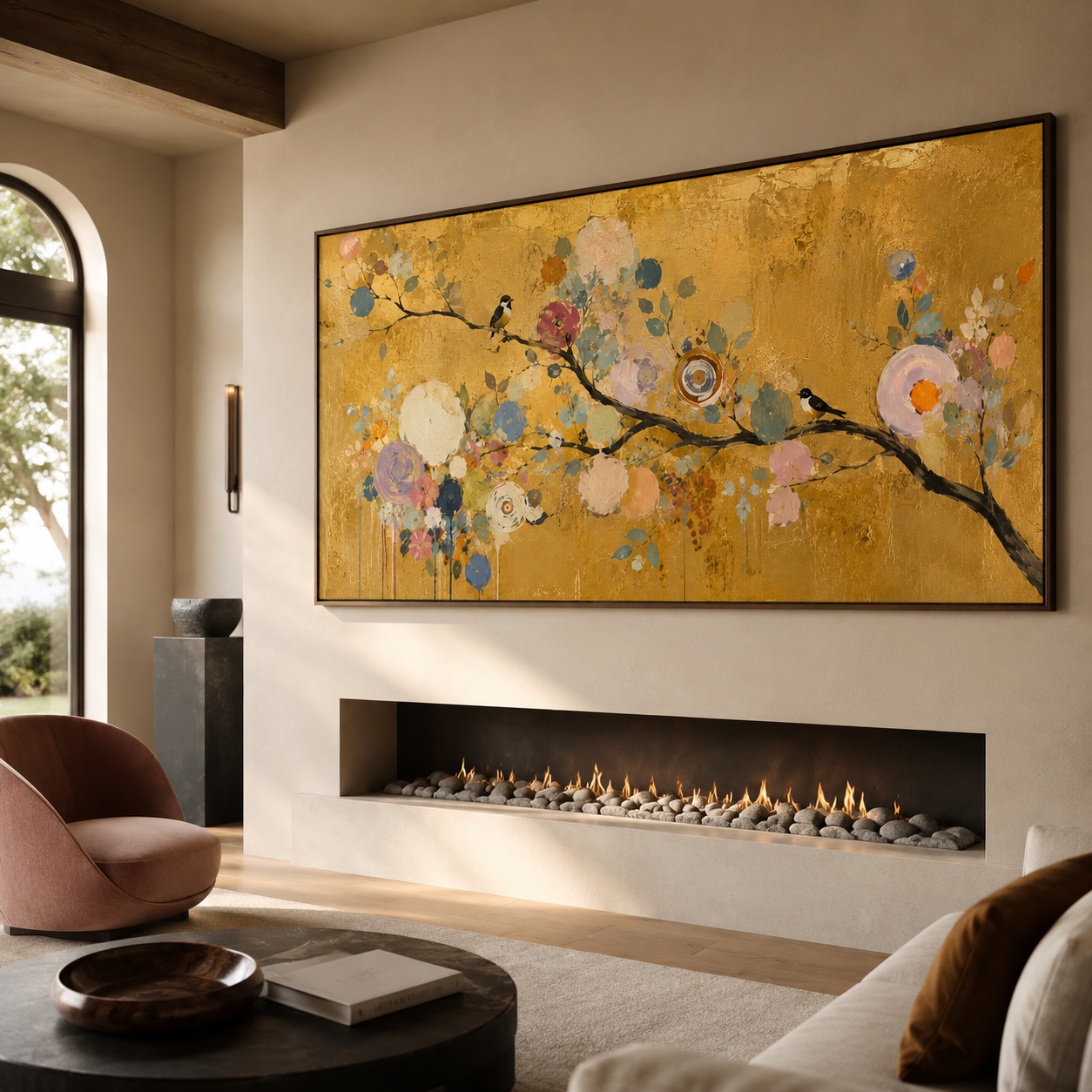 Large Golden Floral Bird Oil Painting for Luxury Wall Decor