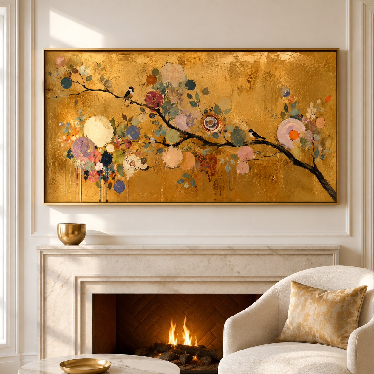 Large Golden Floral Bird Oil Painting for Luxury Wall Decor