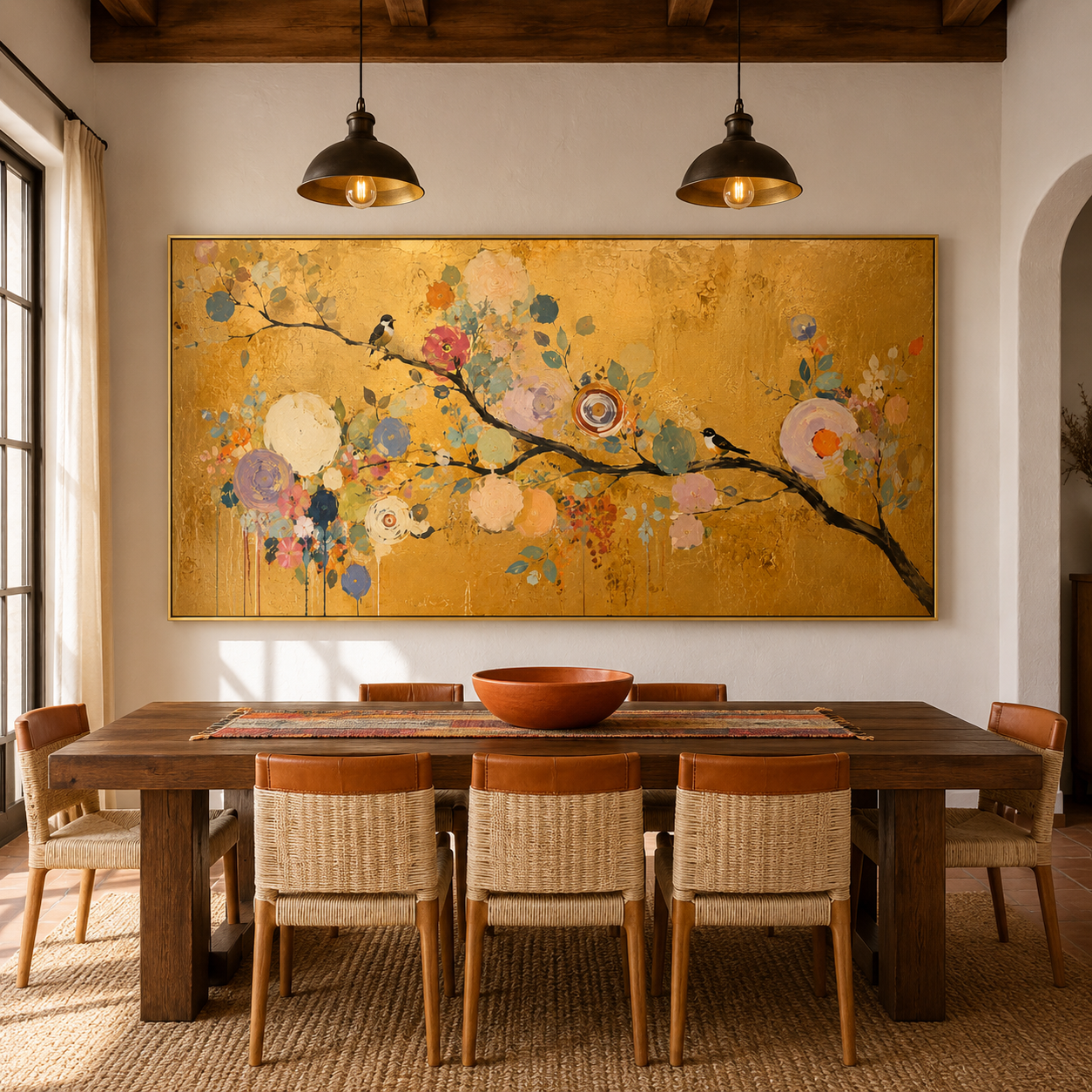 Large Golden Floral Bird Oil Painting for Luxury Wall Decor