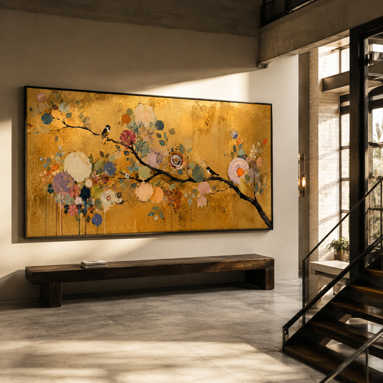 Large Golden Floral Bird Oil Painting for Luxury Wall Decor