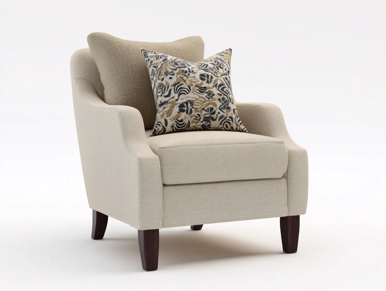 Sillón tapizado de tela - estructura de madera - 75x80x85 cm - beige/marrón oscuro - para salón - diseño clásico con reposabrazos